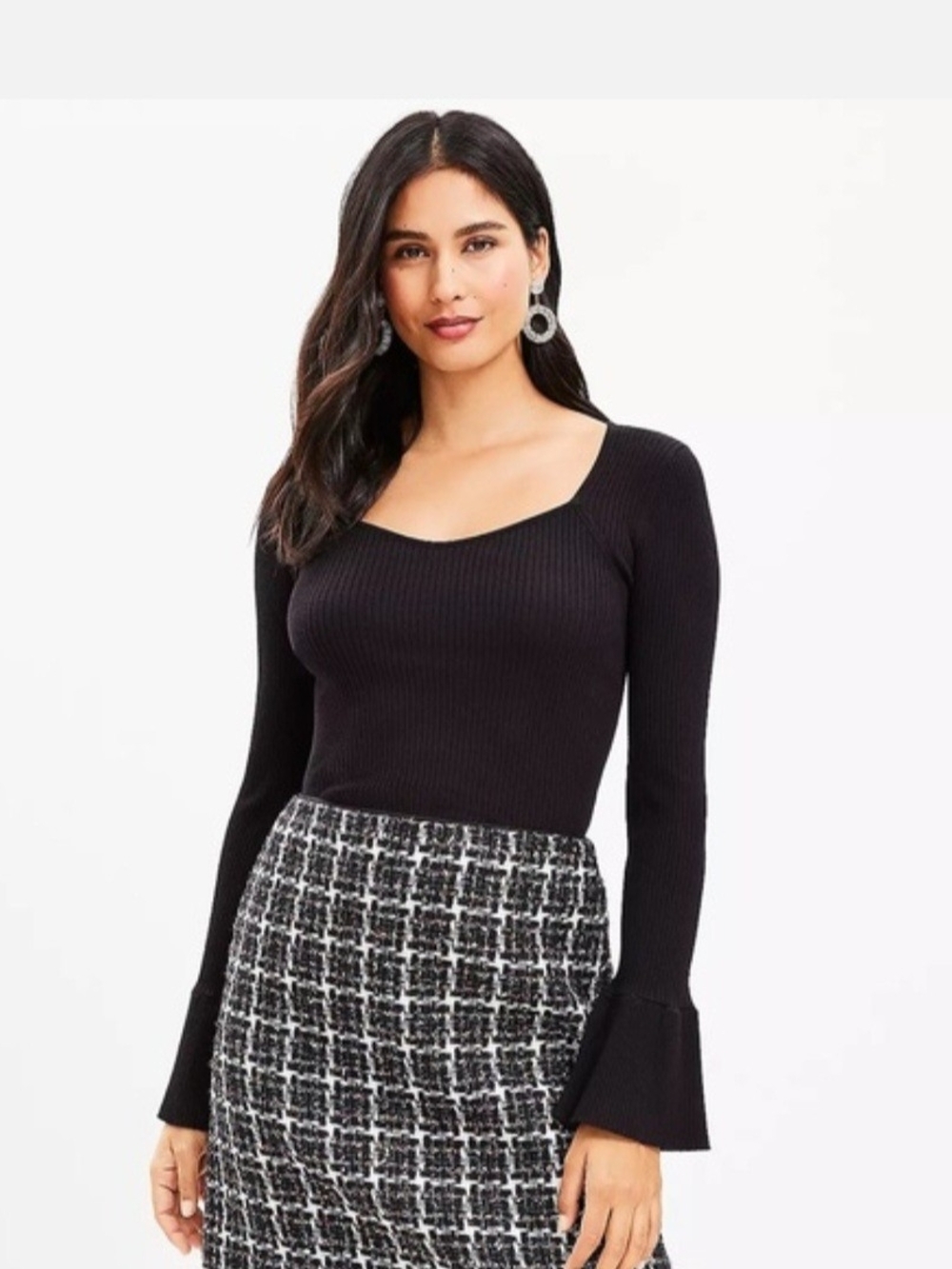 Loft NWT Ribbed Sweetheart Neck Flare Cuff Black Sweater; Sz. M